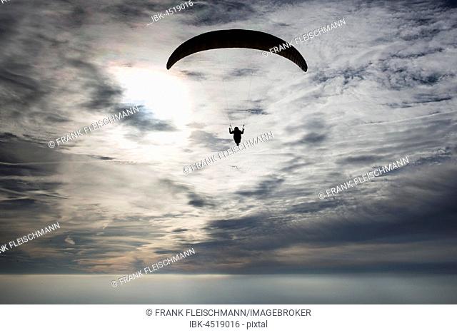 Paraglider against cloudy sky, Roquebrune, Cote d`Azur, Mediterranean Sea, France