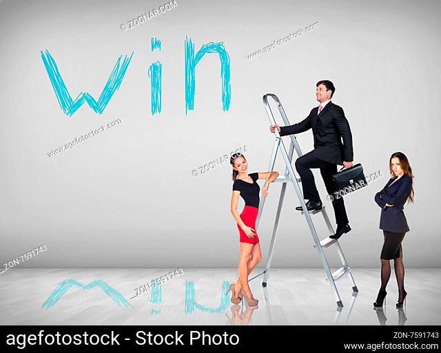 Businessman with woman assistant climbing a ladder with motivation background