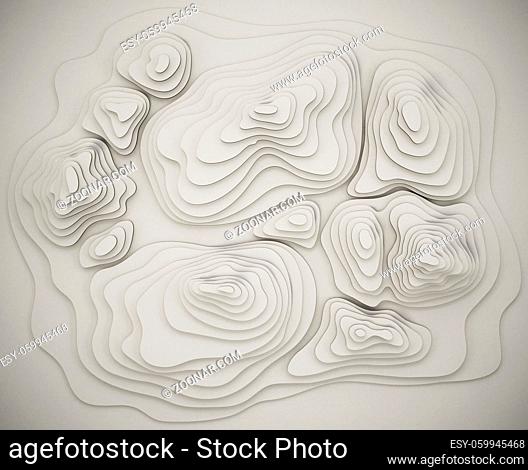 Topography map showing valleys and mountains. 3D illustration