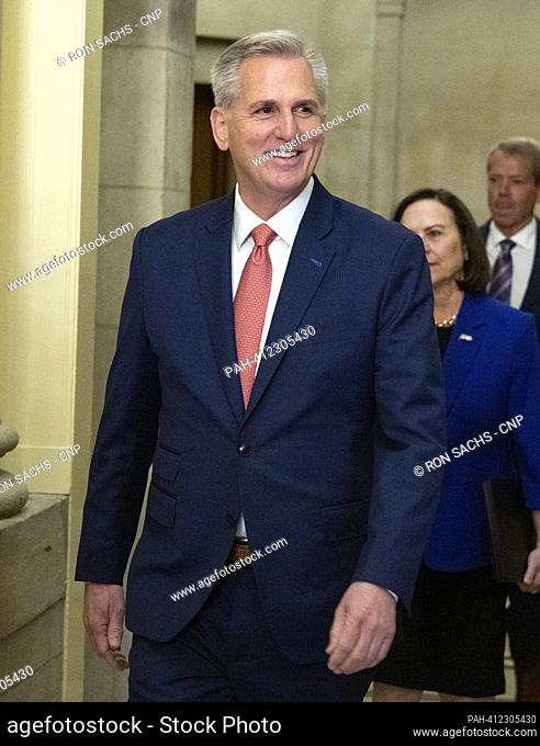 Speaker of the United States House of Representatives Kevin McCarthy (Republican of California) smiles as he exits his office to attend the ceremony to dedicate...