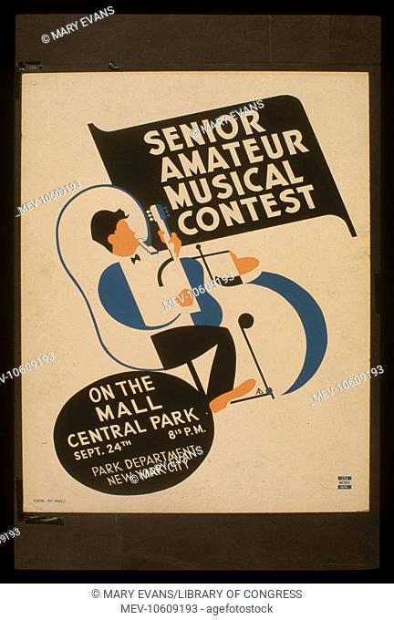 Senior amateur musical contest On the mall, Central Park . Poster announcing musical contest in Central Park, showing man playing a guitar and harmonica