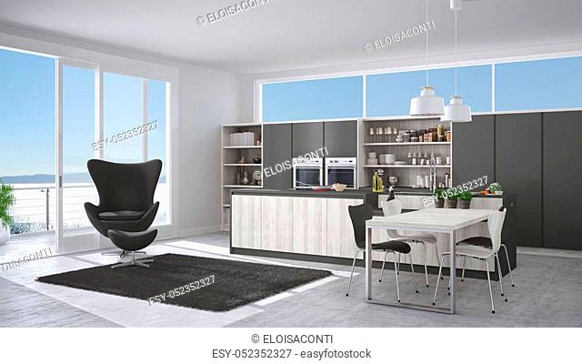Modern white and gray kitchen with wooden details, big window with sea or lake panorama