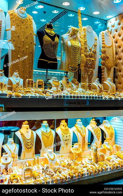 DUBAI, UNITED ARAB EMIRATES - FEB 7, 2019: Show window of a jewelry store in Dubai Gold Souk, United Arab Emirates