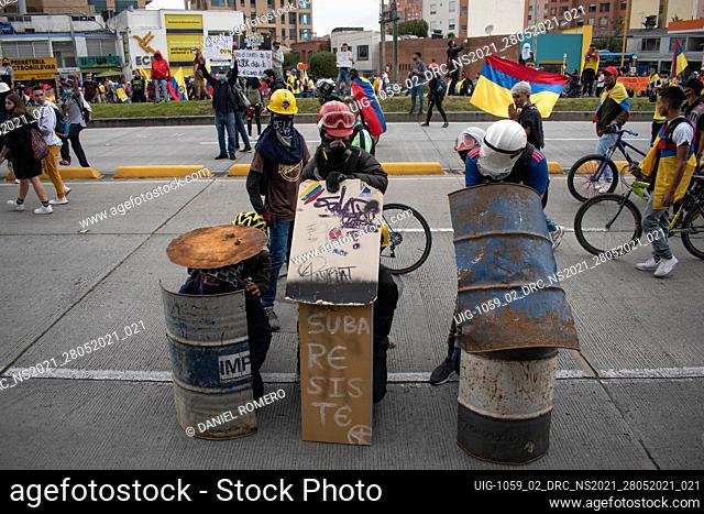 Members of the so-called front line hold home shields in a new day of protests in Bogotá in the context of the one-month commemoration of the start of the...