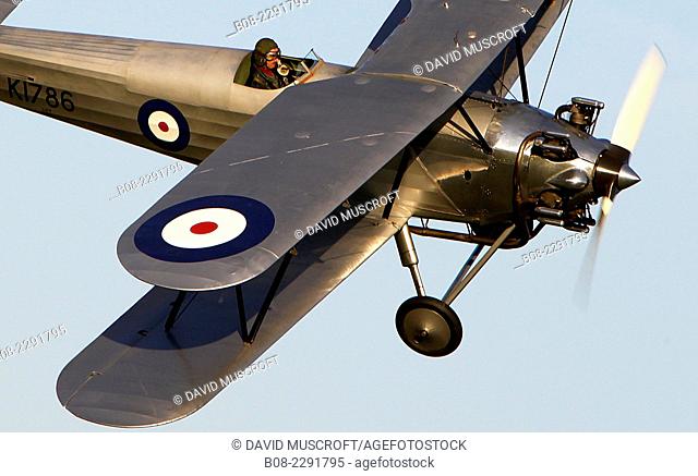 1930's RAF Hawker Hind fighter biplane aircraft at a Shuttleworth Collection air display at Old Warden airfield, Bedfordshire , UK