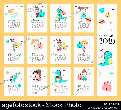 Year 2019 calendar vector template. Yearly calendar showing months with fairytale medieval cartoon characters knight, princess, dragon, cute mythical unicorn