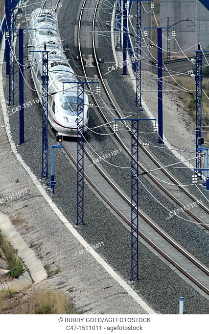 Spain, Catalonia, Lleida province, High Speed train, AVE Series 103 taken at Vinaixa viaduct  The Vinaixa viaduct if 1044 meters long