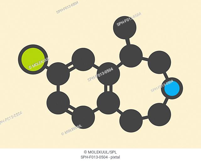 Lorcaserin obesity drug molecule. Stylized skeletal formula (chemical structure). Atoms are shown as color-coded circles: hydrogen (hidden), carbon (grey)