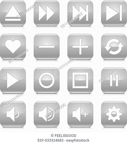 16 media control icon set 06. White sign on gray rounded square button with gray reflection, black shadow on white background. Glossy style