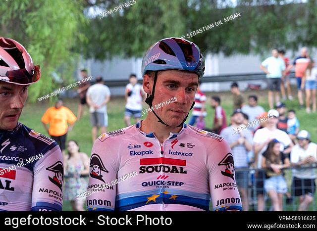 Dutch Fabio Jakobsen of Soudal Quick-Step has a cut on his cheek, after being accidentally hit in the face with the smartphone of a fan at the finish of stage 7