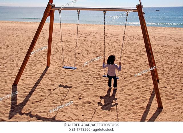 swing, beach, Badalona, Catalonia, Spain