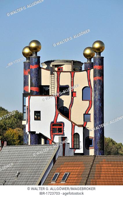The 33 metre high Regenturm, Rain Tower, Hundertwasser House in Plochingen, Baden-Wuerttemberg, Germany, Europe
