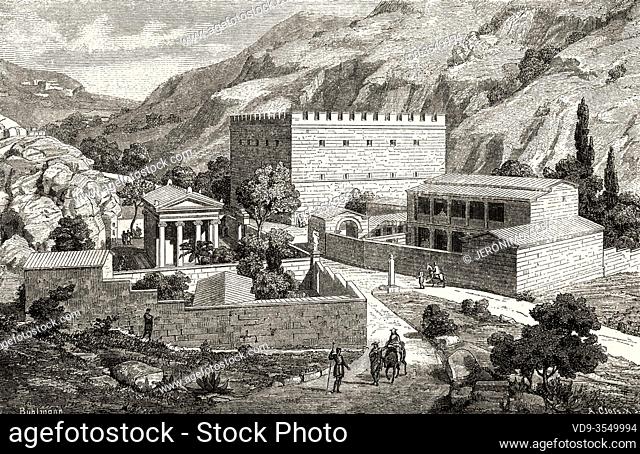 Temple of Aphrodite on the road from Eleusis to Classical Athens. Attica, Ancient Greece. Old 19th century engraved illustration, El Mundo Ilustrado 1880