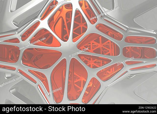 Abstract 3d rendering concept of high poly architecture with steel and glass, chaotic mesh grid cellular mulecular structure
