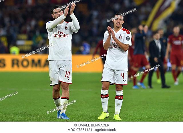 Milan football players Theo Hernandez and Ismael Bennacer during the match Roma-Milan in the Olimpic stadium. Rome (Italy), October 28th, 2019