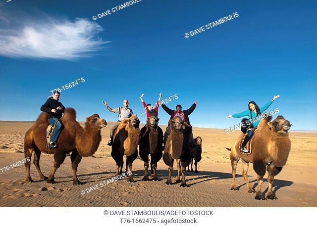 tourists riding twin humped Bactrian camels in the Gobi Desert of Mongolia