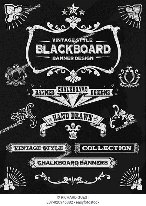 Hand drawn blackboard banner and ribbon set