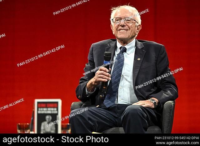12 October 2023, Berlin: U.S. politician Bernie Sanders speaks at the launch of his book ""It's Okay to Be Angry at Capitalism"" at the House of World Cultures