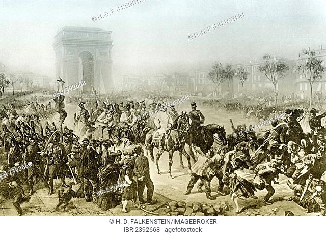 The arrival of the Germans in Paris on 1 March 1871, Avenue des Champs-Élysées with the Arc de Triomphe, Paris, France, historical scene from the...