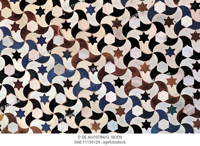 Decorative element with azulejos (Portuguese painted, tin-glazed, ceramic tilework), Alhambra (Unesco World Heritage List, 1984), Granada, Andalucia, Spain