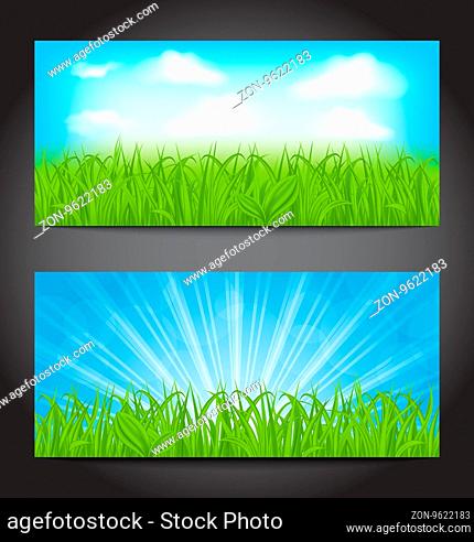 Illustration set summer cards with grass, natural backgrounds - vector