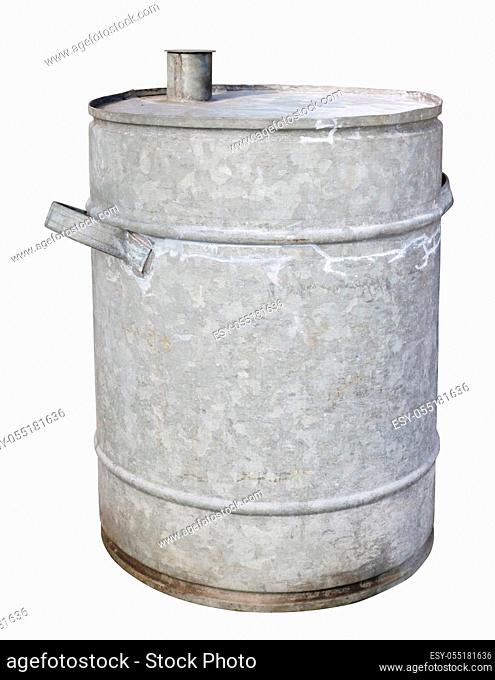 Old retro tin galvanized barrel for gasoline and diesel. Isolated on white with patch