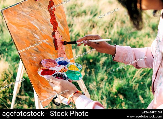 Mid adult woman holding paint palette while painting at park
