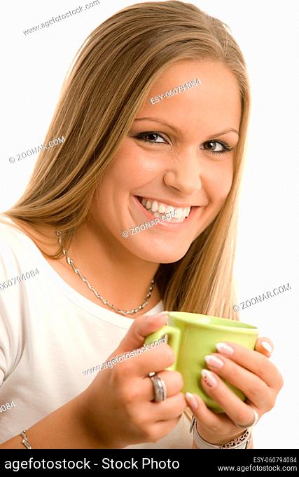Happy young college girl drinking coffe, smiling, isolated on white
