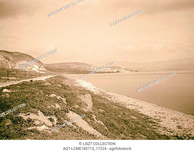 Picturesque views of Mt. Hermon & the Lake. Tiberias from the south shore. 1940, Israel, Tiberias