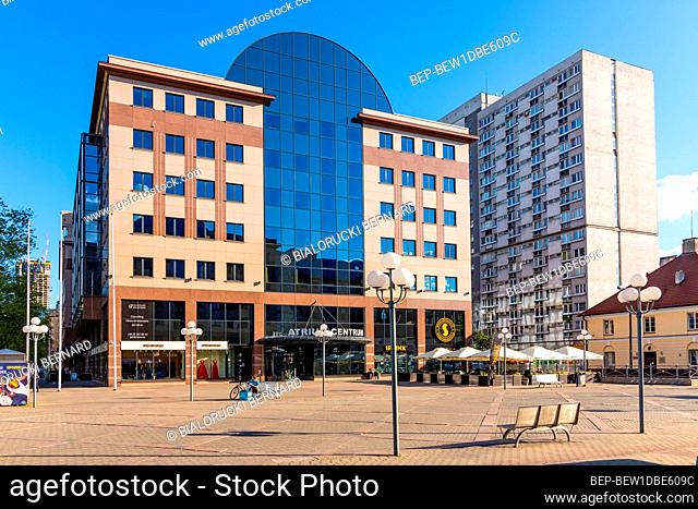 Warsaw, Mazovia / Poland - 2020/05/22: Atrium Centrum office plaza at al. Jana Pawla II avenue in northern quarter of city center commercial district