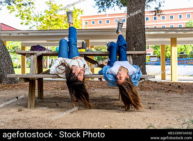 Female friends lying on bench upside down in public park during sunny day