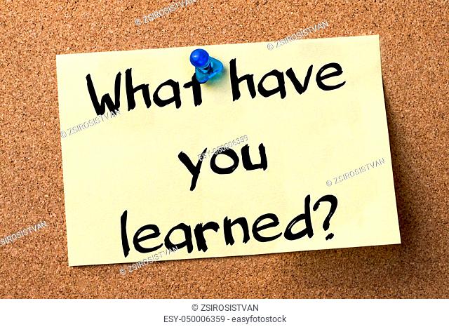 What have you learned? - adhesive label pinned on bulletin board - horizontal image