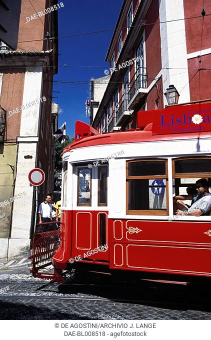 Tram on a street in the Alfama district, Lisbon, Historical Province of Extremadura, Lisbon, Portugal