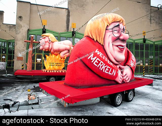 15 February 2021, North Rhine-Westphalia, Duesseldorf: Motto float, on which a figure is supposed to represent a mixture of Armin Laschet (CDU)