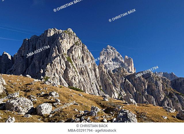 View at the summits of Drei Zinnen mountains from south with Cadinigroup in the foreground, Sexten Dolomites, South Tirol, Northern Italy, Italy