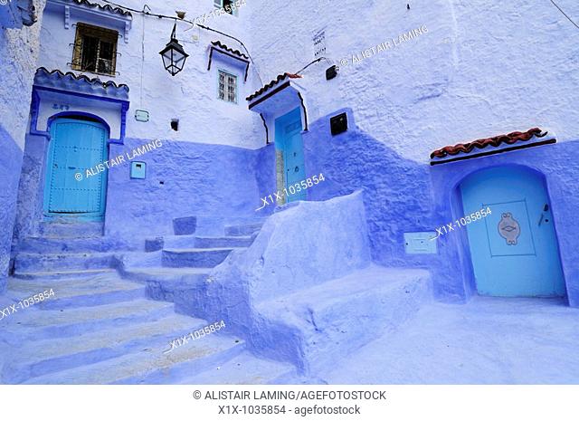 Three blue doorways in the Medina, Chefchaouen, Morocco, North Africa