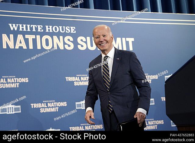 United States President Joe Biden departs after making remarks and singing an Executive Order on Reforming Federal Support for Tribal Nations at the Department...
