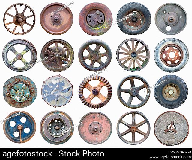Twenty rusty metal retro wheels from an agricultural machinery . Isolated on white big set. All fullsizes can find in my portfolio