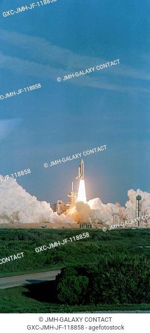 A remote camera at the Kennedy Space Center's Launch Pad 39A captured this scene as the maiden flight of space shuttle Columbia begins