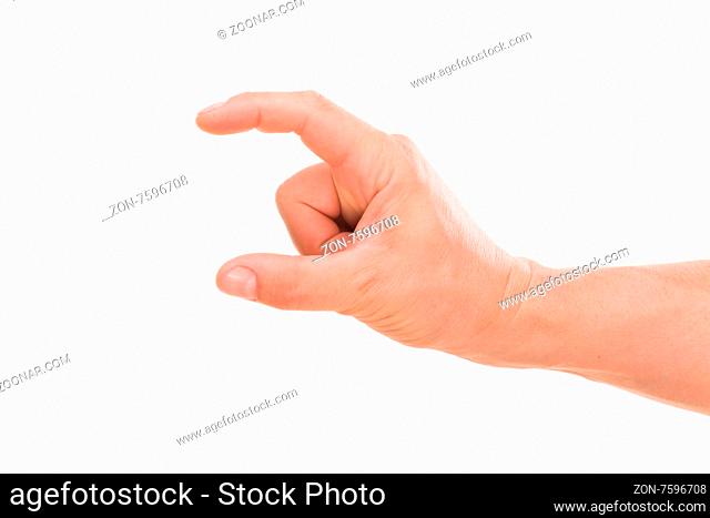 Business concept. Adult man#39;s hand like holding mobile phone or tablet PC isolated on white background
