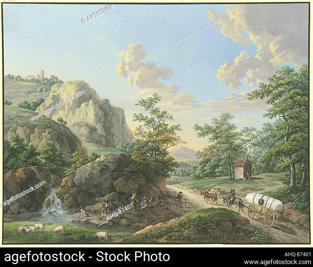 Künstler: Kraul, Karl Franz, 1754-1796 Titel: Gebirgslandschaft, ein Packwagen fährt auf der Landstraße rechts Technik: Tempera