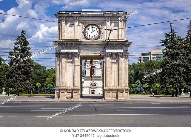 Triumphal arch on the Great National Assembly Square - central square of Chisinau, capital of the Republic of Moldova