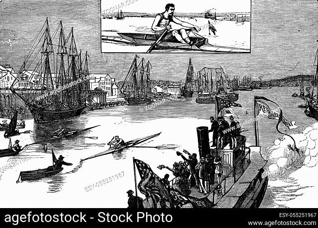 American sports. The regattas, vintage engraved illustration. Journal des Voyage, Travel Journal, (1880-81)
