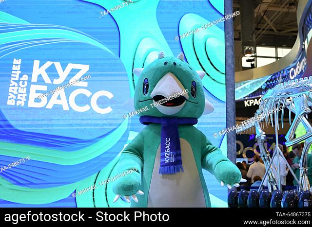 RUSSIA, MOSCOW - NOVEMBER 16, 2023: Kuzbassik dinosaur, the unofficial symbol of the Kemerovo region, at the Kuzbass stand presentation as part of the opening...
