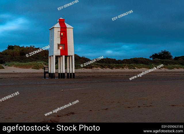 A cloudy evening at the Low Lighthouse in Burnham-on-Sea, Somerset, England, UK