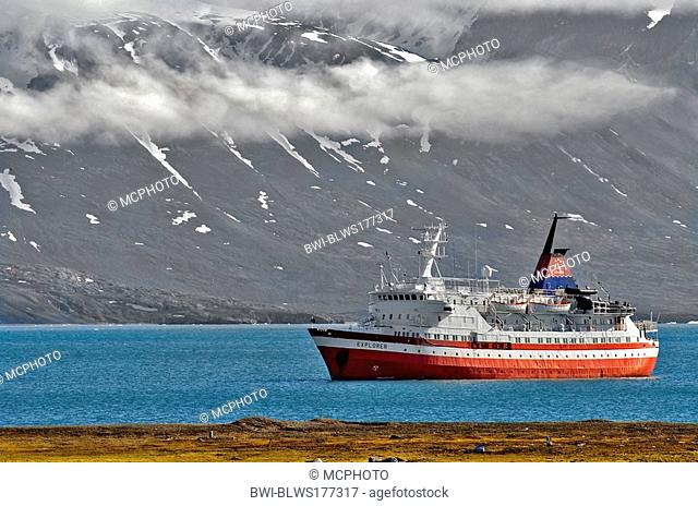 sunken vessel MV Explorer in the harbour of Ny Alesund at the Spitzbergen Peninsula, Norway, Svalbard