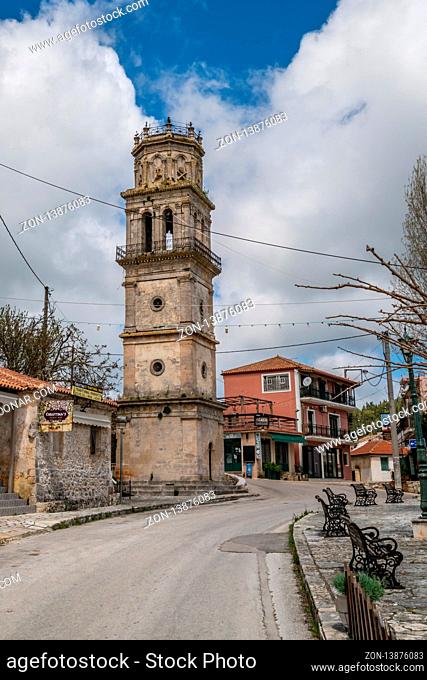 Zakynthos, Greece - April 2019 : Bell tower of a small church in Agios Leon village