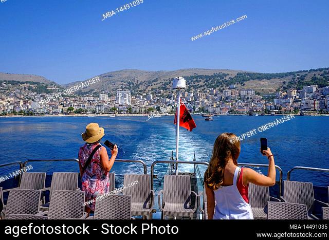 Saranda, Albania - seaside resort Saranda on the Albanian Riviera. Ferry sails from Saranda to Corfu Greece