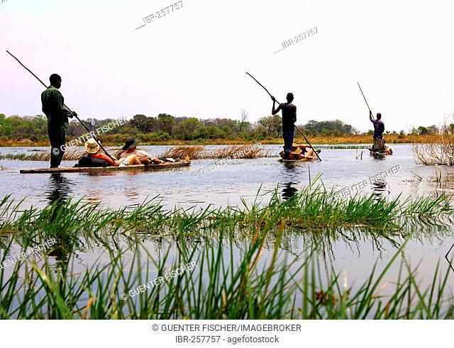 Tourists on trip in a Mokoro canoe in the Okavango Delta, Botswana