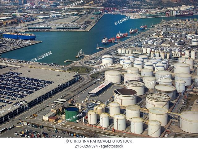 Aerial view of petroleum gas and oil depots storage area in Barcelona, Spain